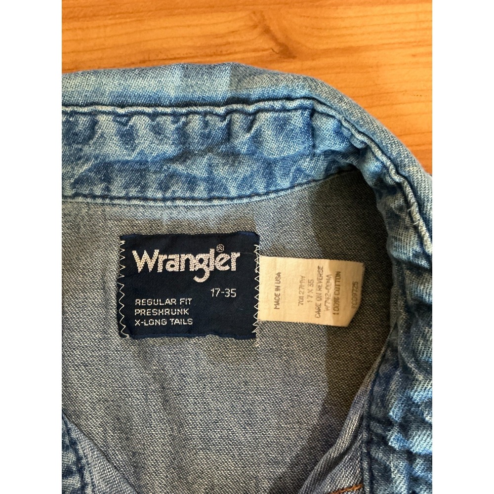 Wrangler USA Made Denim Western Snap Shirt Mens 17 35 XL Tall Blue Pearl Snap - Picture 6 of 8